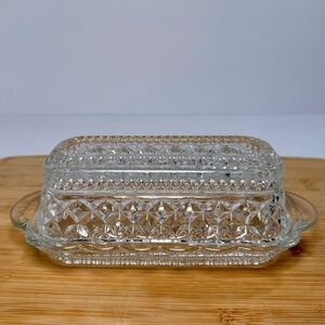 Vintage Pressed Glass Butter Dish 🧈✨ Diamond Cut Pattern • Clear Glass Beauty